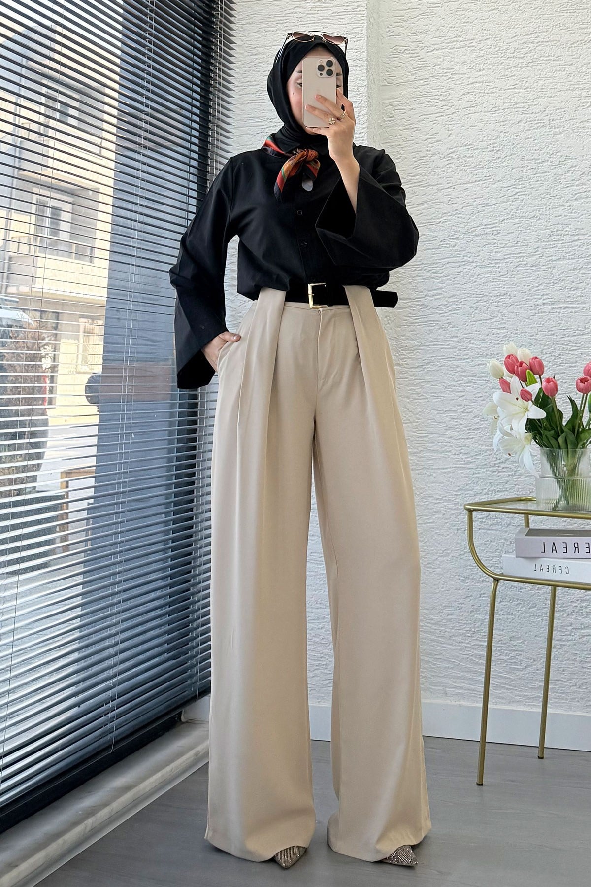Premium Köprü Detaylı Kemerli Twill Palazzo Pantolon - Taş