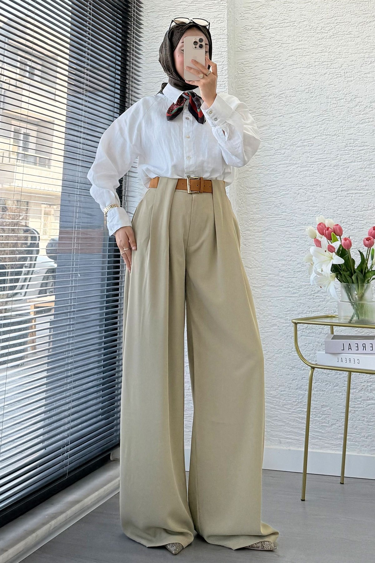 Premium Köprü Detaylı Kemerli Twill Palazzo Pantolon - Çağla