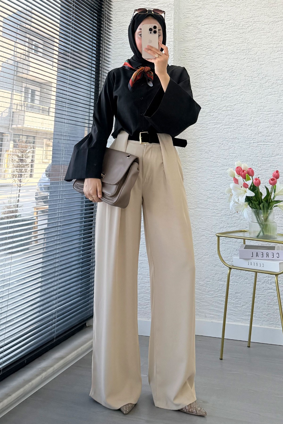 Premium Köprü Detaylı Kemerli Twill Palazzo Pantolon - Taş