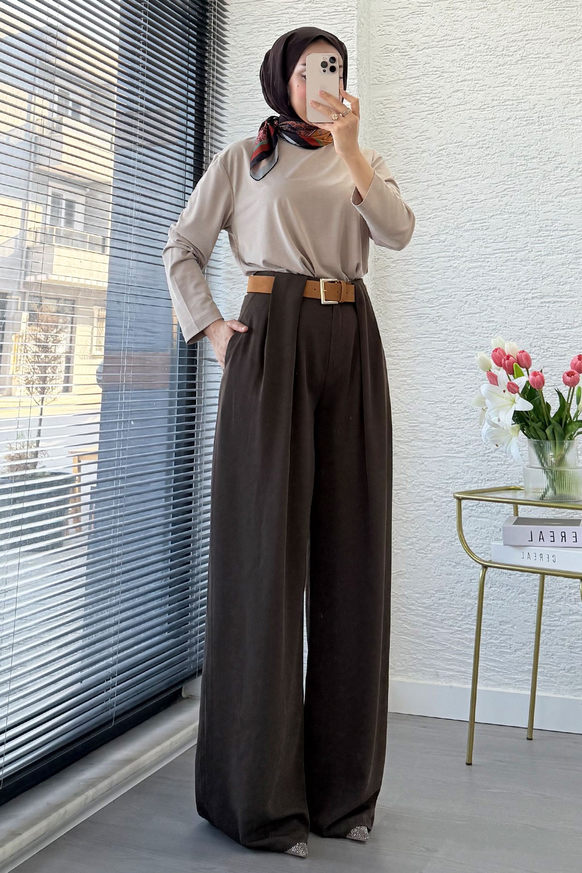 Premium Köprü Detaylı Kemerli Twill Palazzo Pantolon - Kahverengi