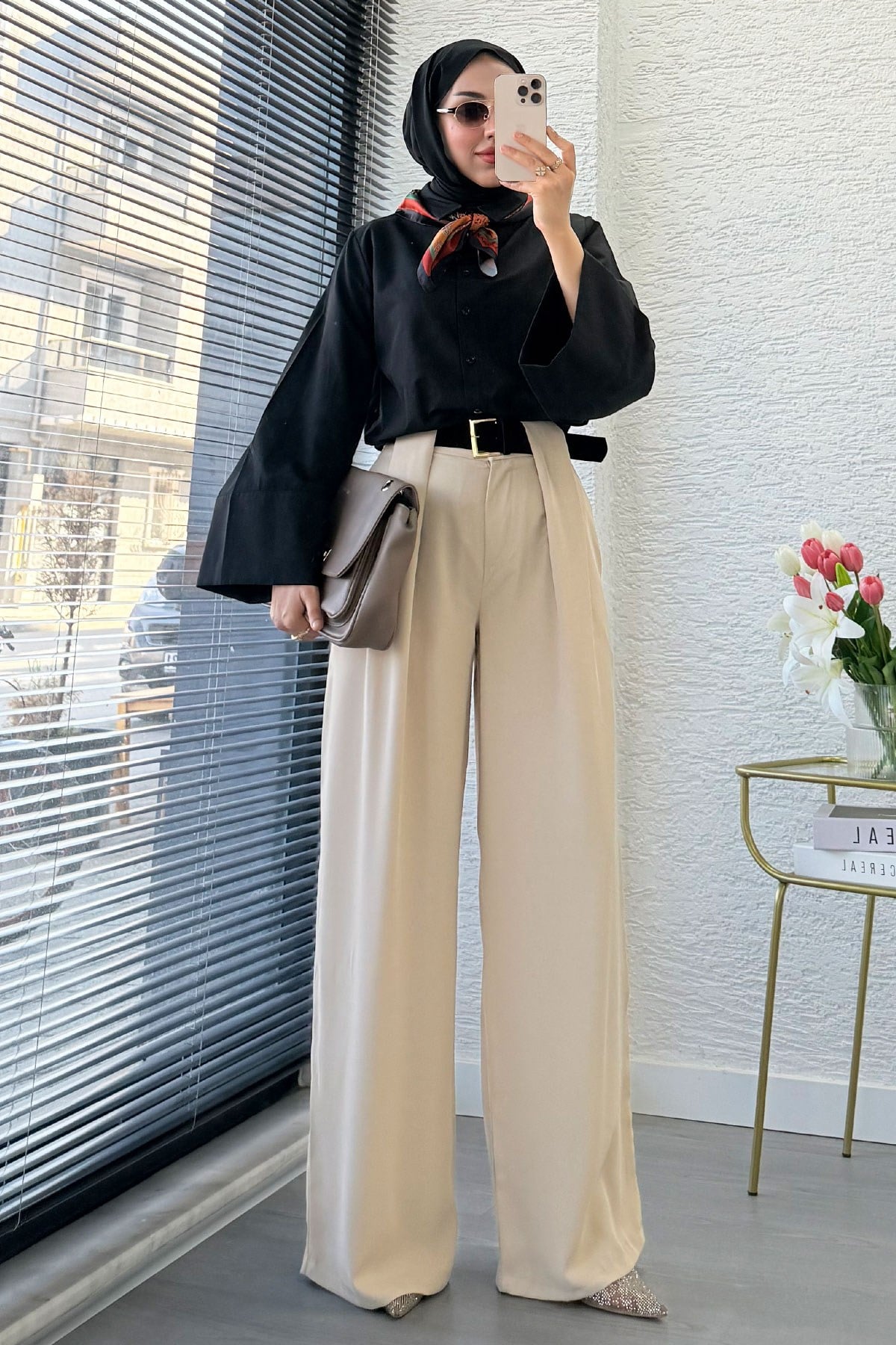 Premium Köprü Detaylı Kemerli Twill Palazzo Pantolon - Taş