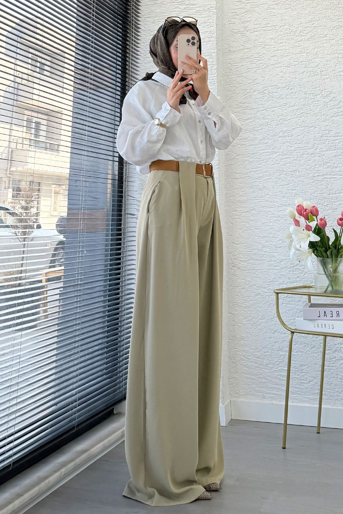 Premium Köprü Detaylı Kemerli Twill Palazzo Pantolon - Çağla