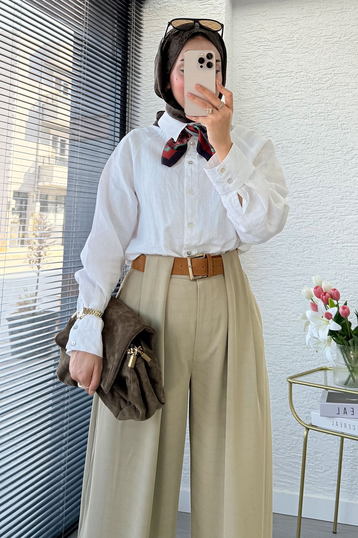 Premium Köprü Detaylı Kemerli Twill Palazzo Pantolon - Çağla