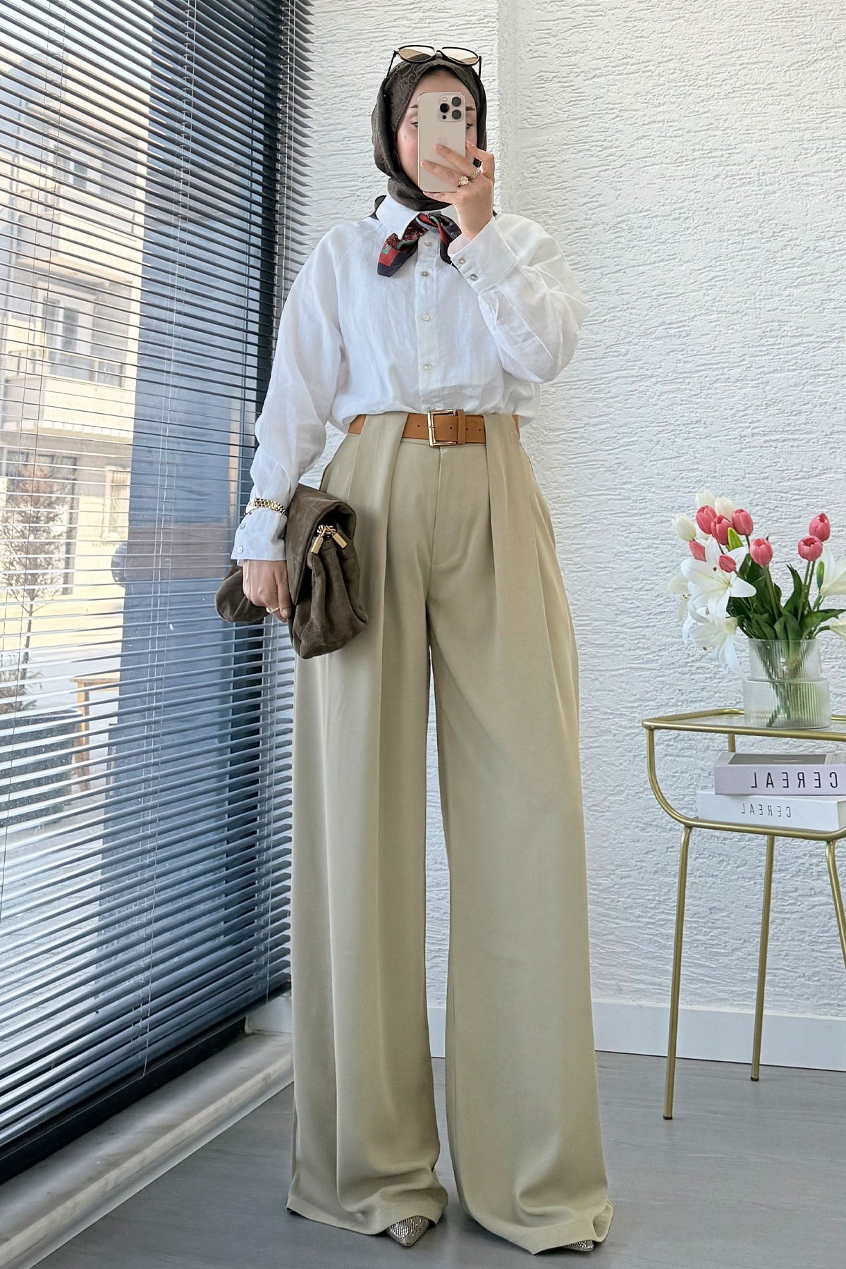 Premium Köprü Detaylı Kemerli Twill Palazzo Pantolon - Çağla