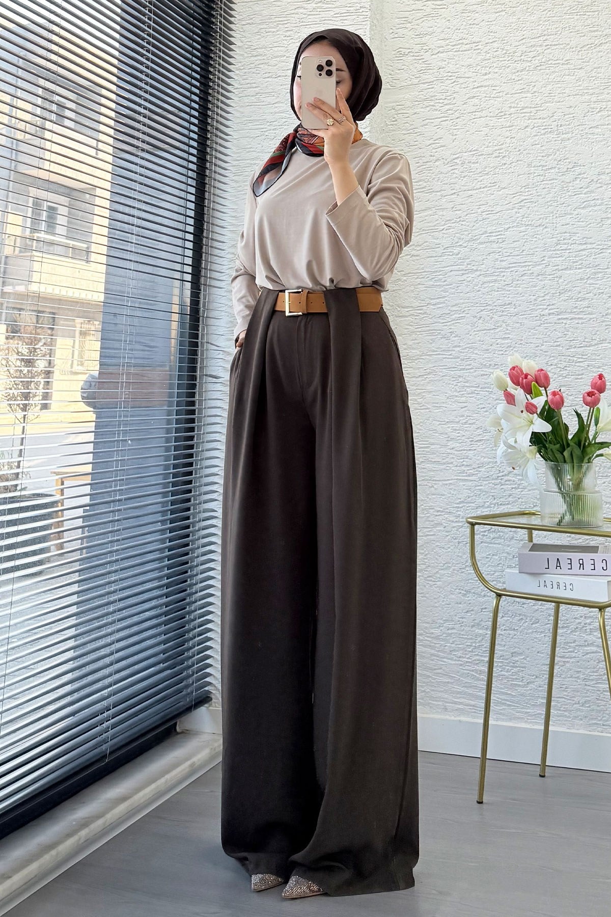 Premium Köprü Detaylı Kemerli Twill Palazzo Pantolon - Kahverengi