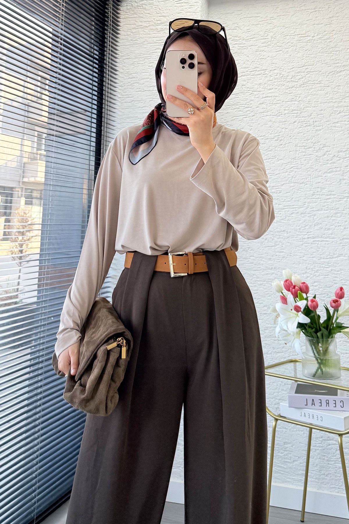 Premium Köprü Detaylı Kemerli Twill Palazzo Pantolon - Kahverengi