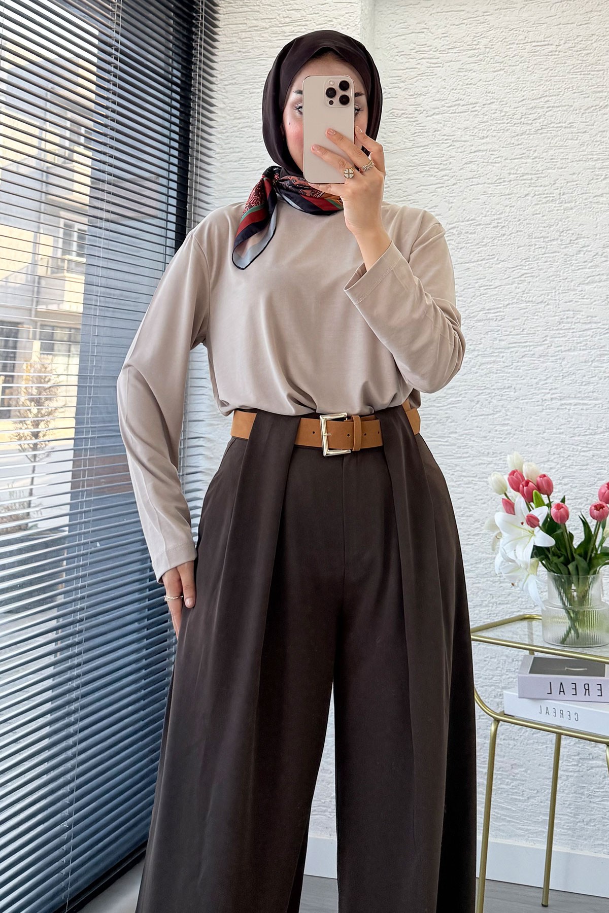 Premium Köprü Detaylı Kemerli Twill Palazzo Pantolon - Kahverengi