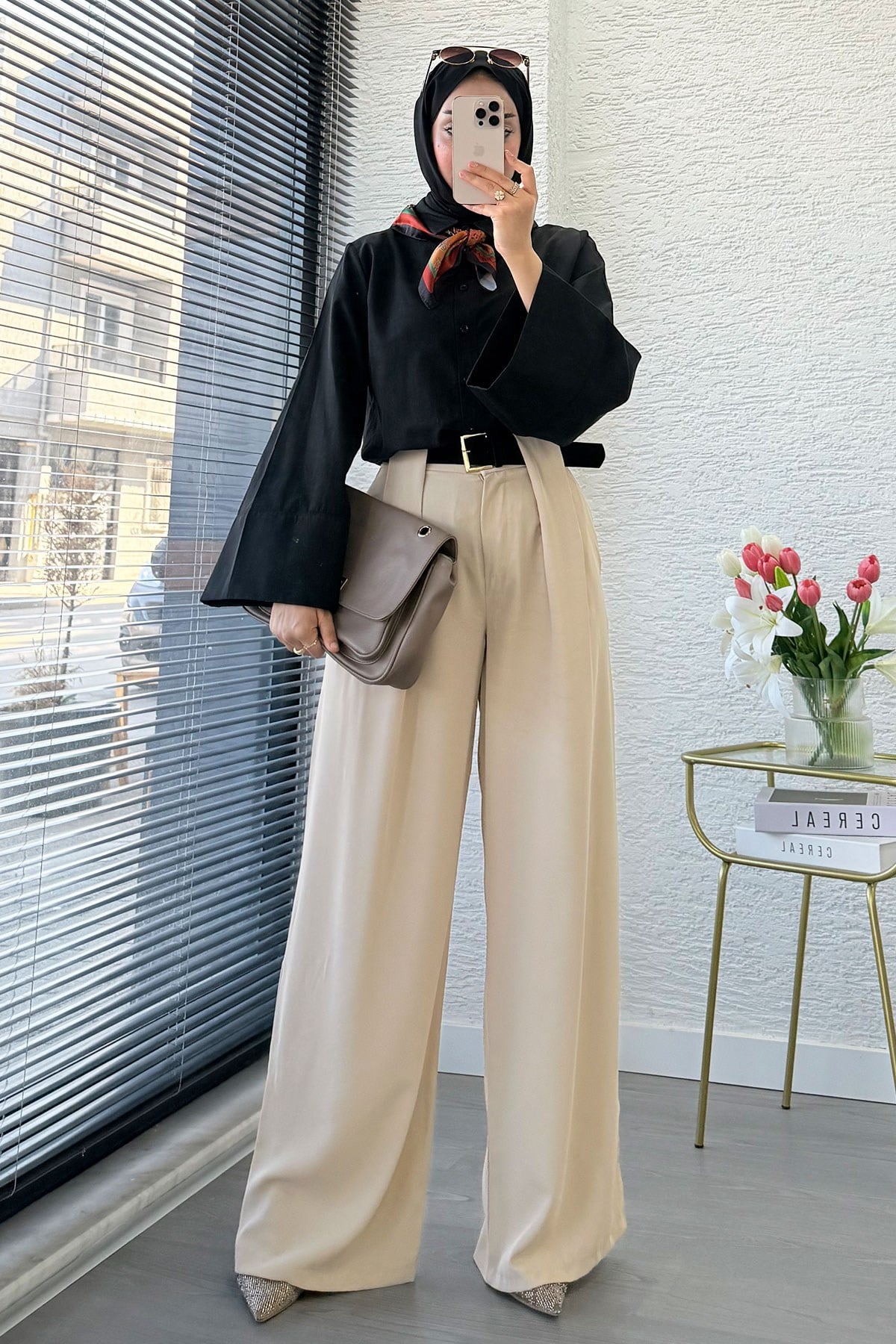 Premium Köprü Detaylı Kemerli Twill Palazzo Pantolon - Taş