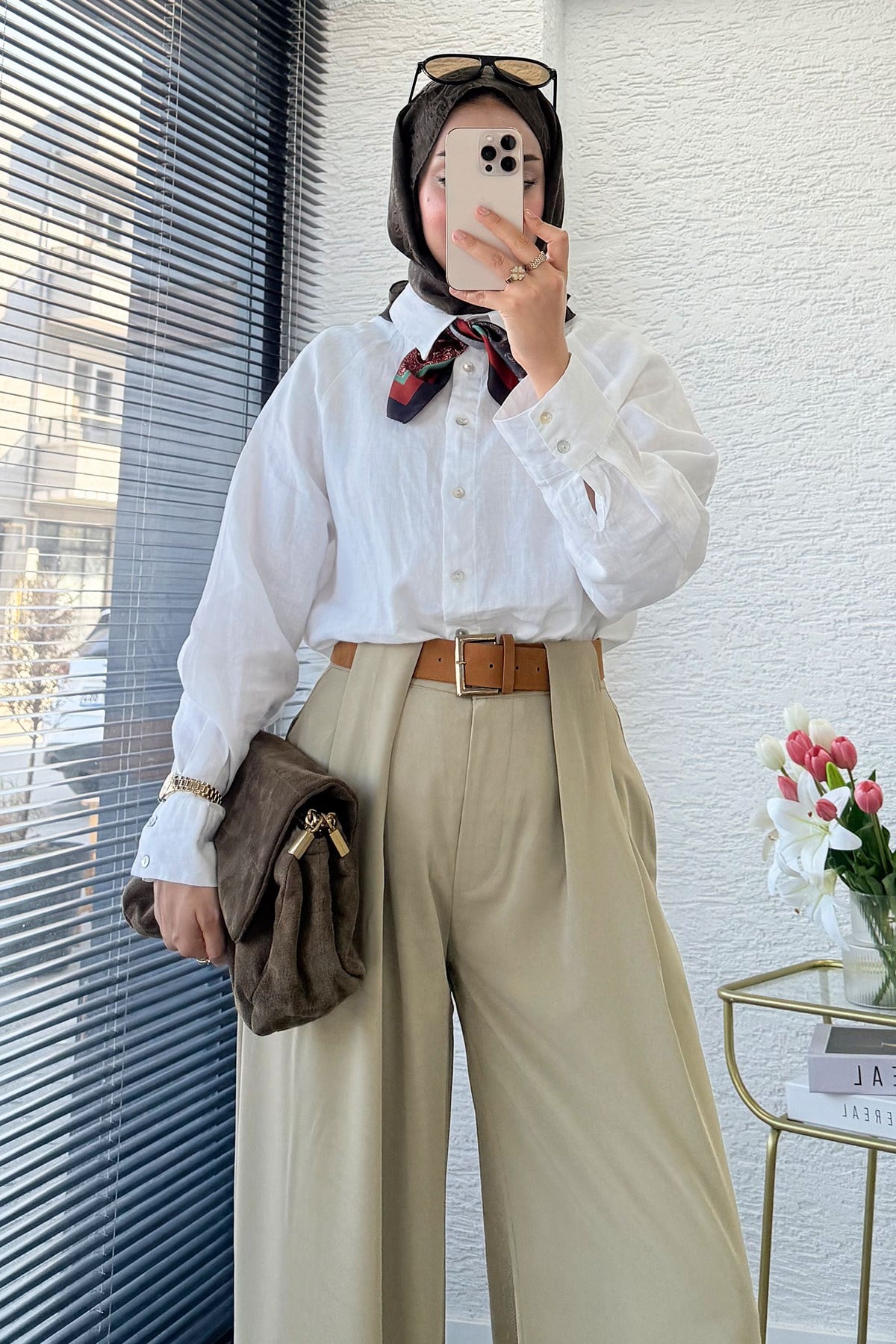 Premium Köprü Detaylı Kemerli Twill Palazzo Pantolon - Çağla