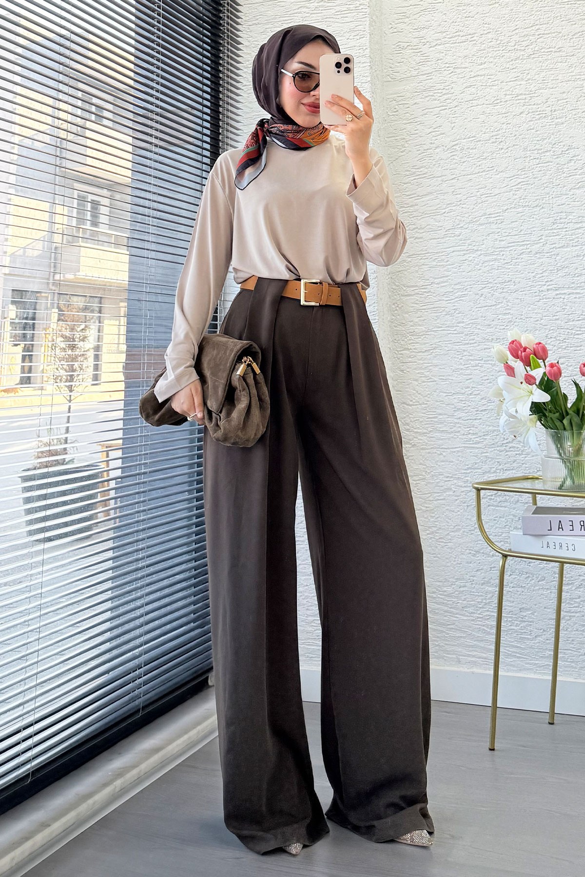 Premium Köprü Detaylı Kemerli Twill Palazzo Pantolon - Kahverengi