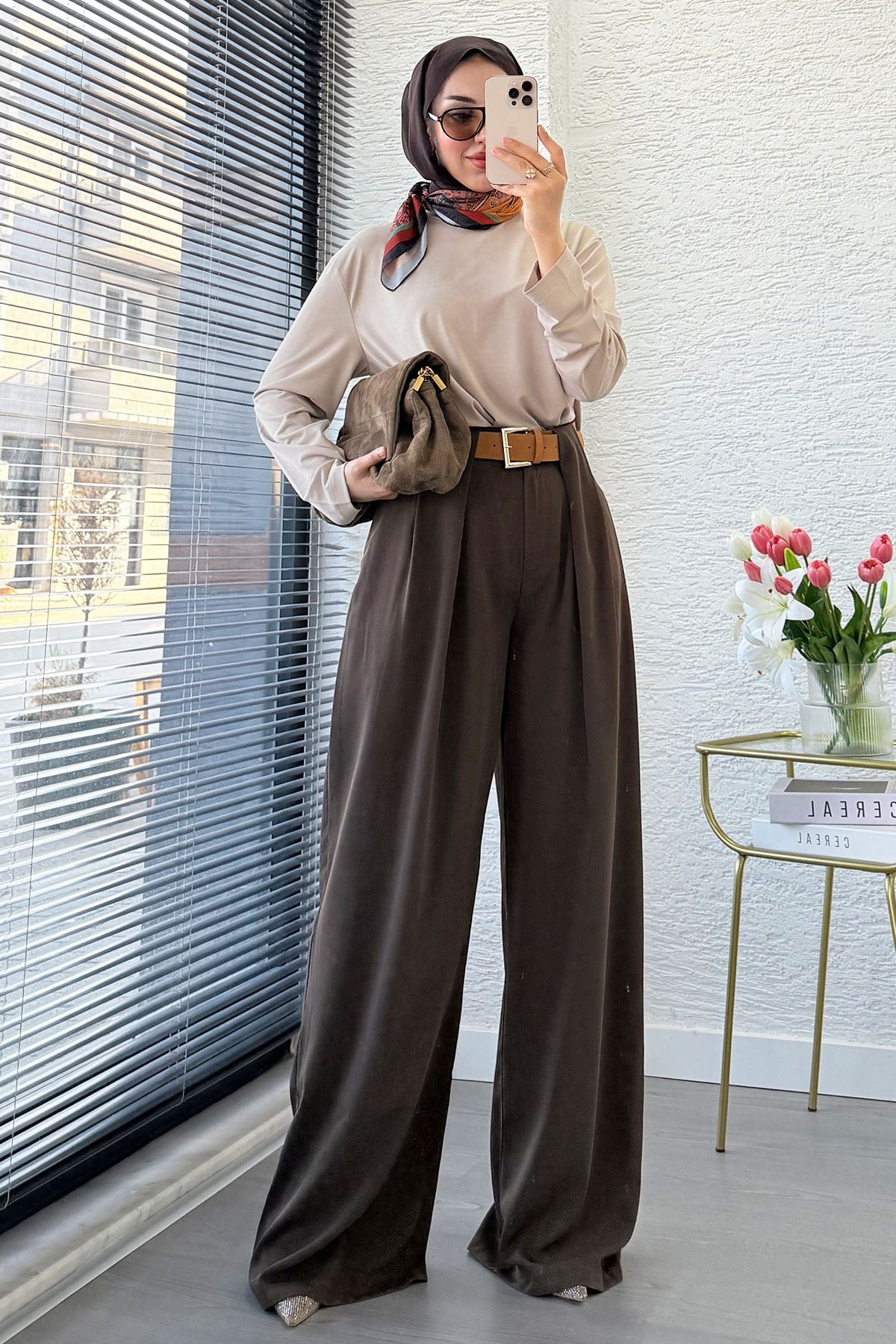 Premium Köprü Detaylı Kemerli Twill Palazzo Pantolon - Kahverengi