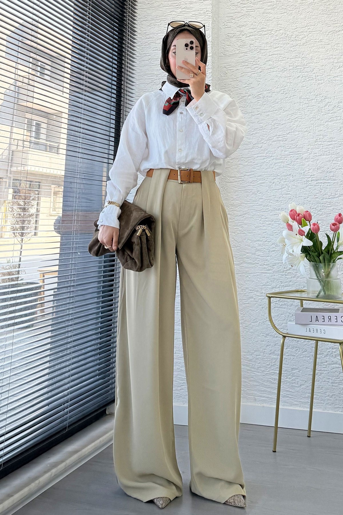 Premium Köprü Detaylı Kemerli Twill Palazzo Pantolon - Çağla