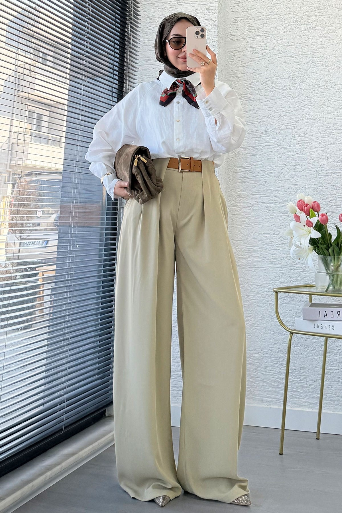 Premium Köprü Detaylı Kemerli Twill Palazzo Pantolon - Çağla
