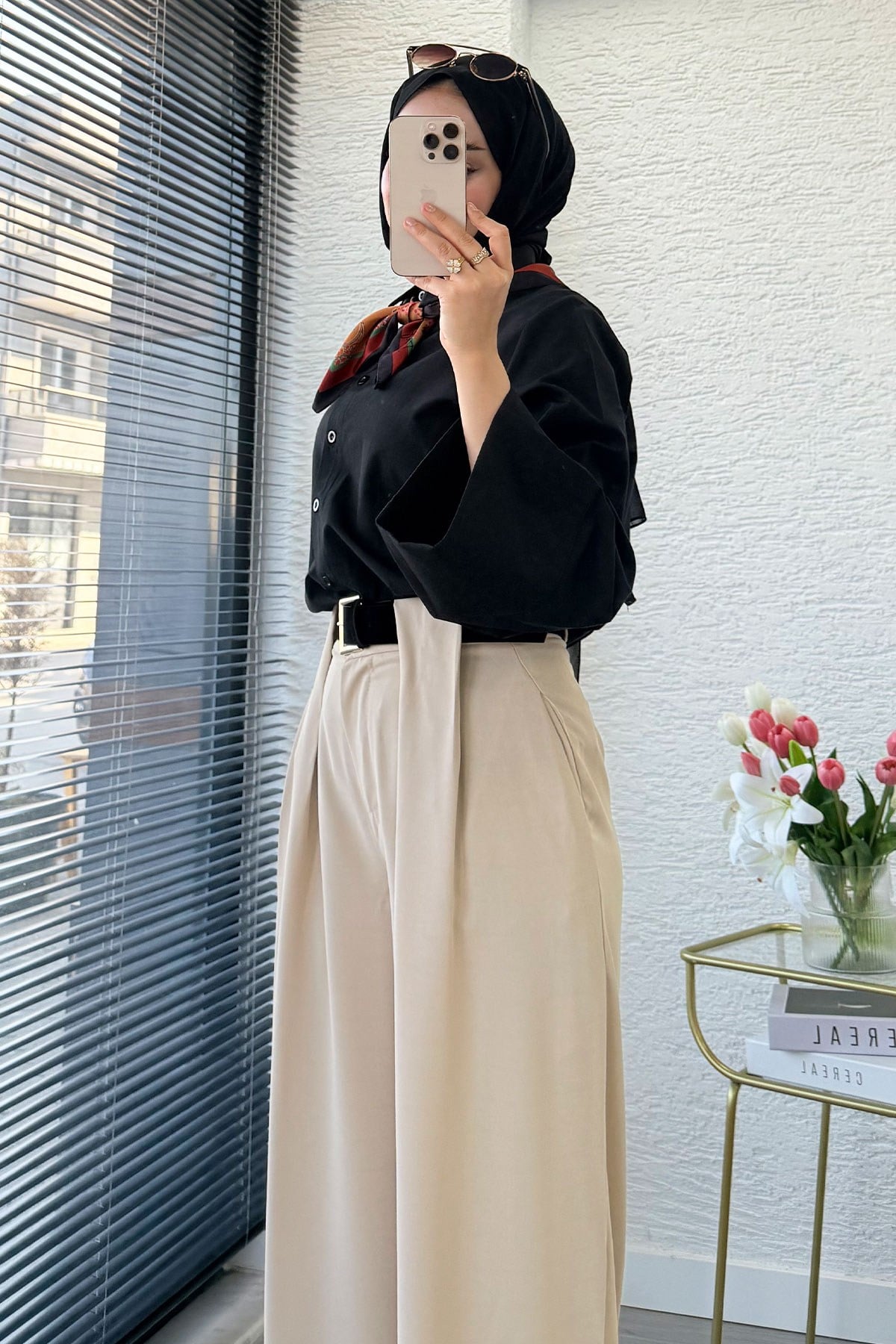 Premium Köprü Detaylı Kemerli Twill Palazzo Pantolon - Taş