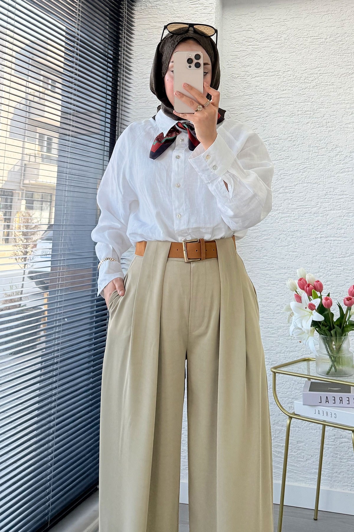Premium Köprü Detaylı Kemerli Twill Palazzo Pantolon - Çağla