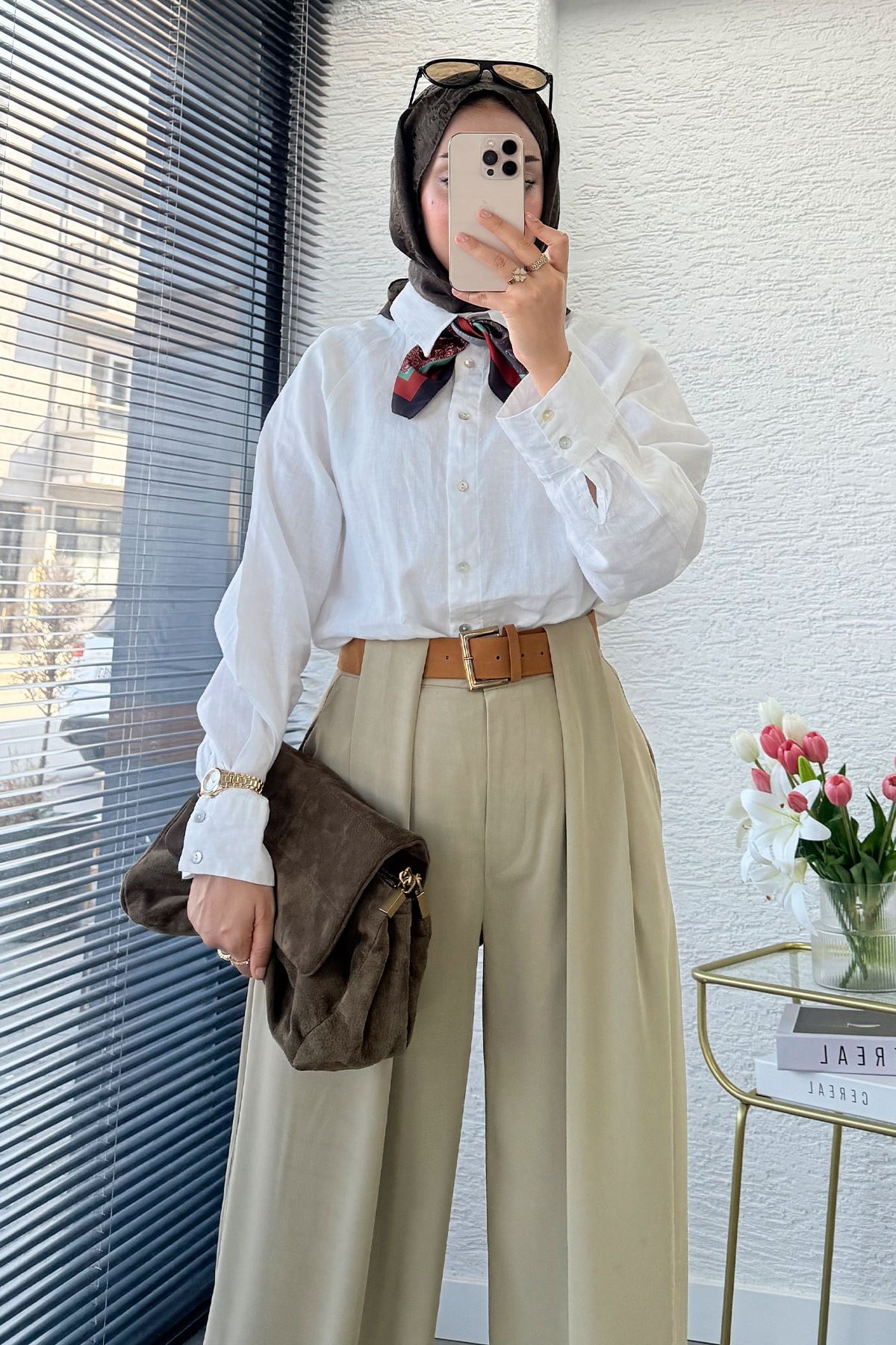 Premium Köprü Detaylı Kemerli Twill Palazzo Pantolon - Çağla