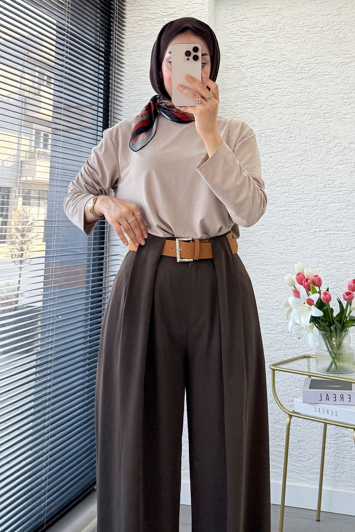Premium Köprü Detaylı Kemerli Twill Palazzo Pantolon - Kahverengi