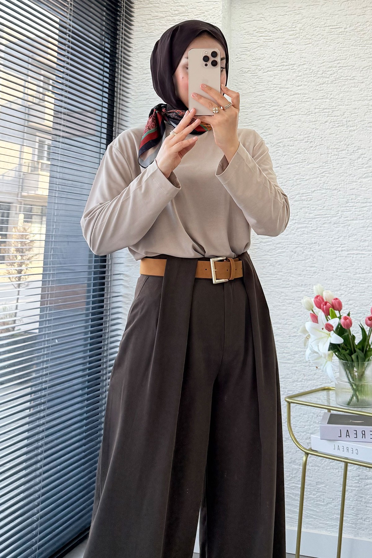 Premium Köprü Detaylı Kemerli Twill Palazzo Pantolon - Kahverengi