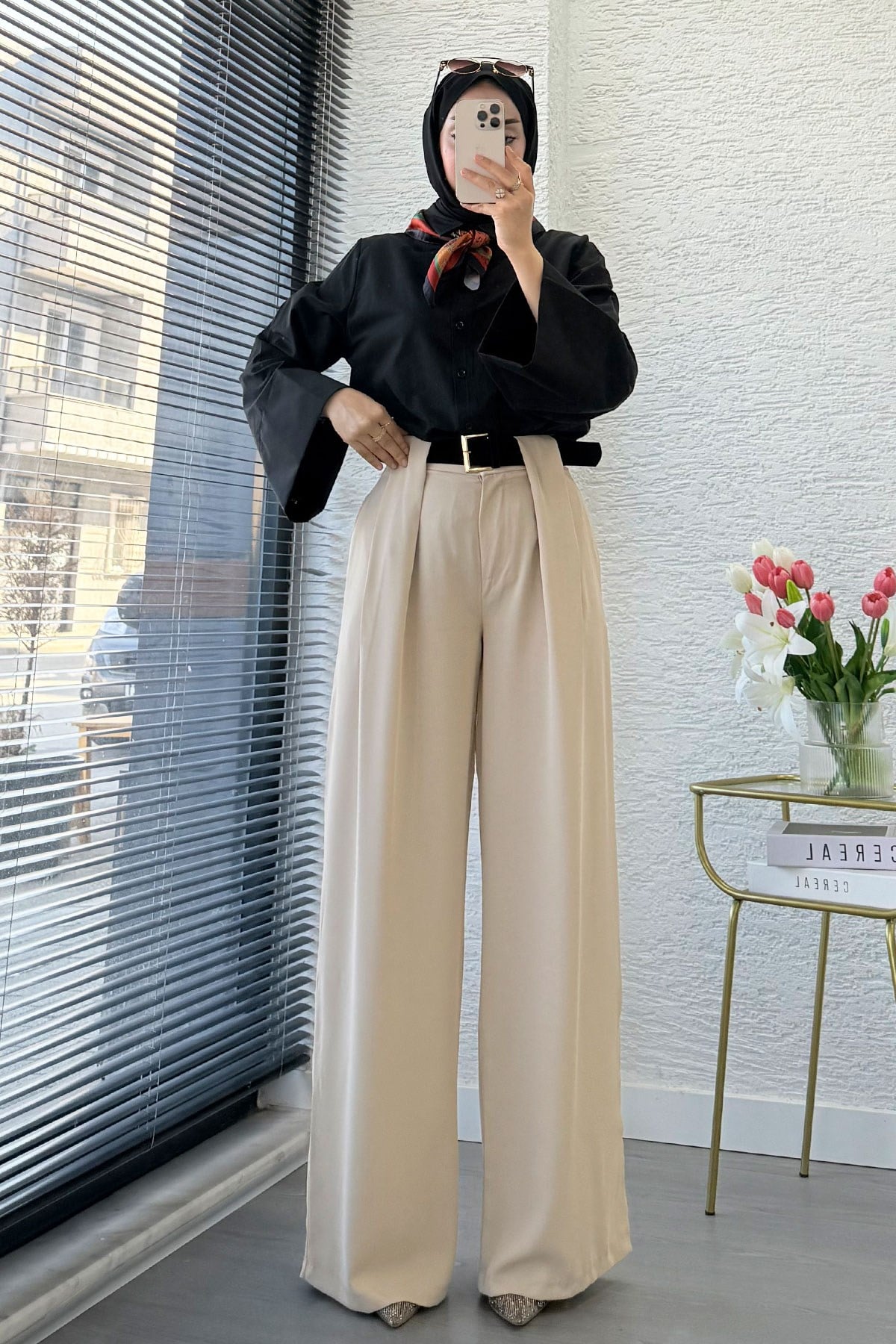 Premium Köprü Detaylı Kemerli Twill Palazzo Pantolon - Taş