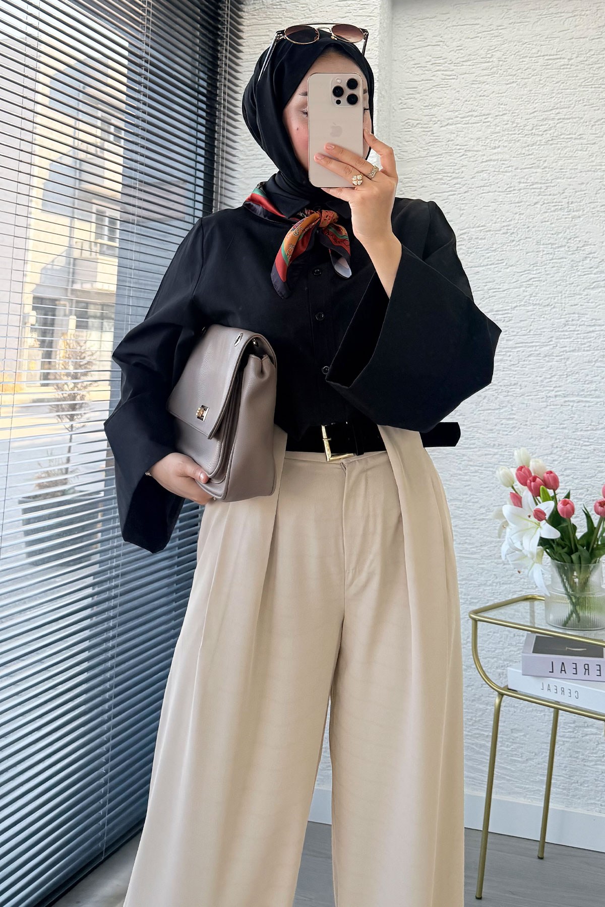 Premium Köprü Detaylı Kemerli Twill Palazzo Pantolon - Taş