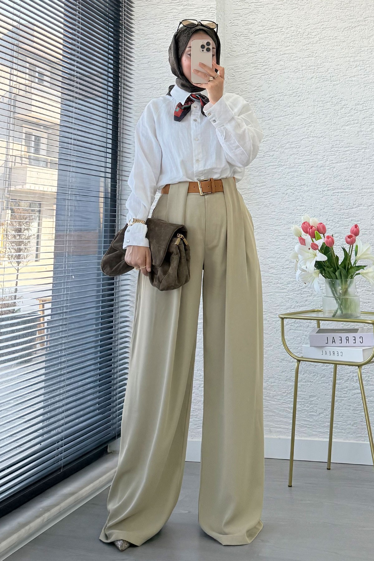 Premium Köprü Detaylı Kemerli Twill Palazzo Pantolon - Çağla