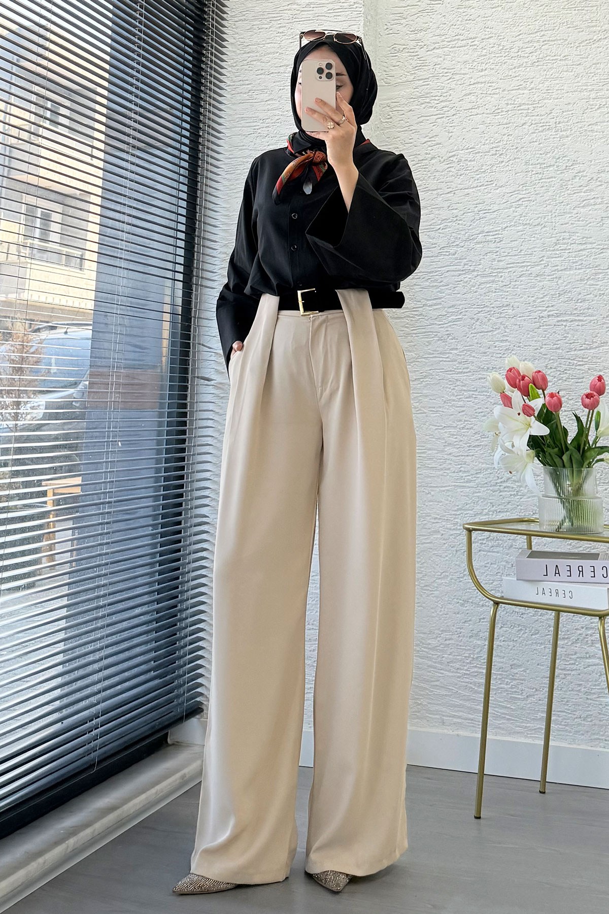 Premium Köprü Detaylı Kemerli Twill Palazzo Pantolon - Taş
