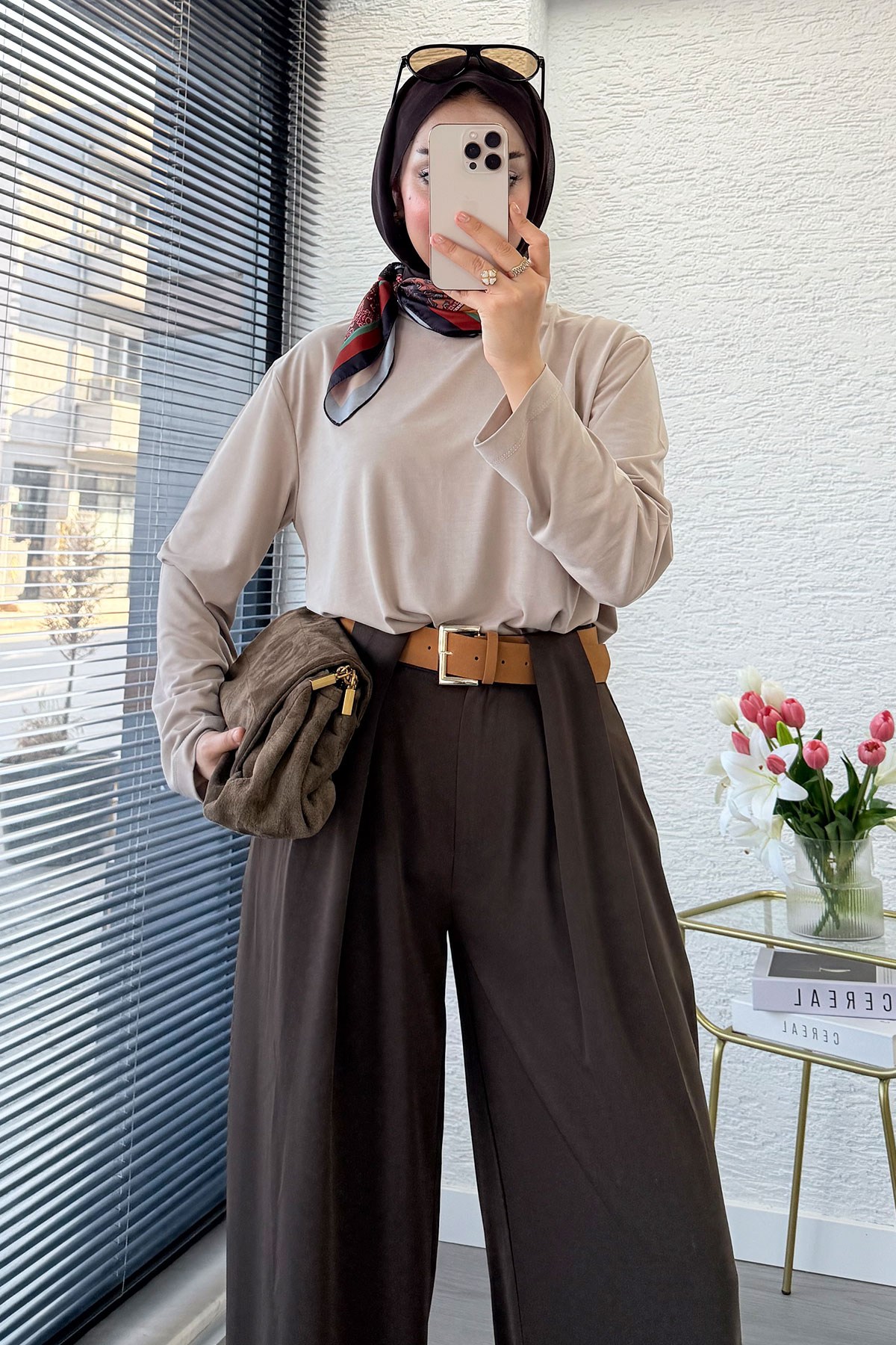 Premium Köprü Detaylı Kemerli Twill Palazzo Pantolon - Kahverengi