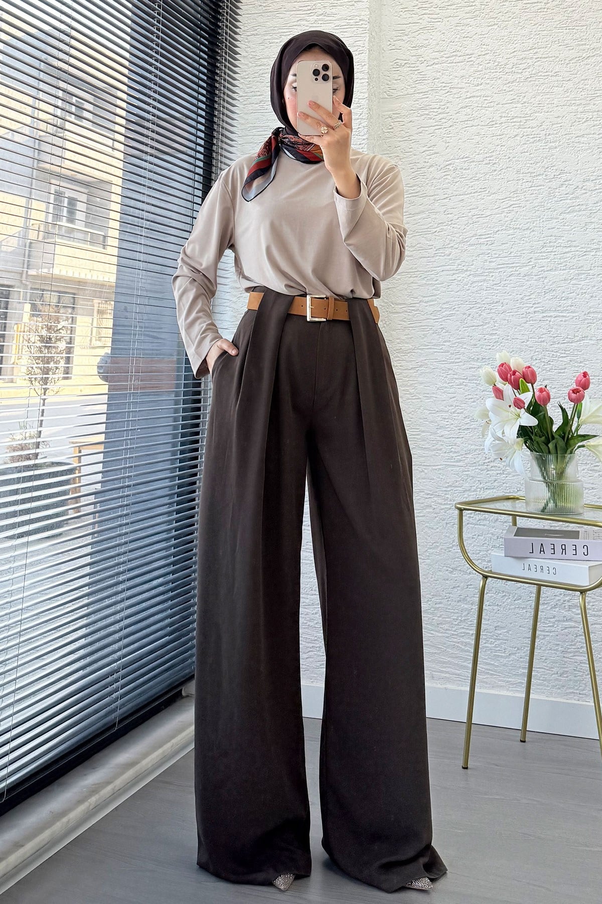 Premium Köprü Detaylı Kemerli Twill Palazzo Pantolon - Kahverengi