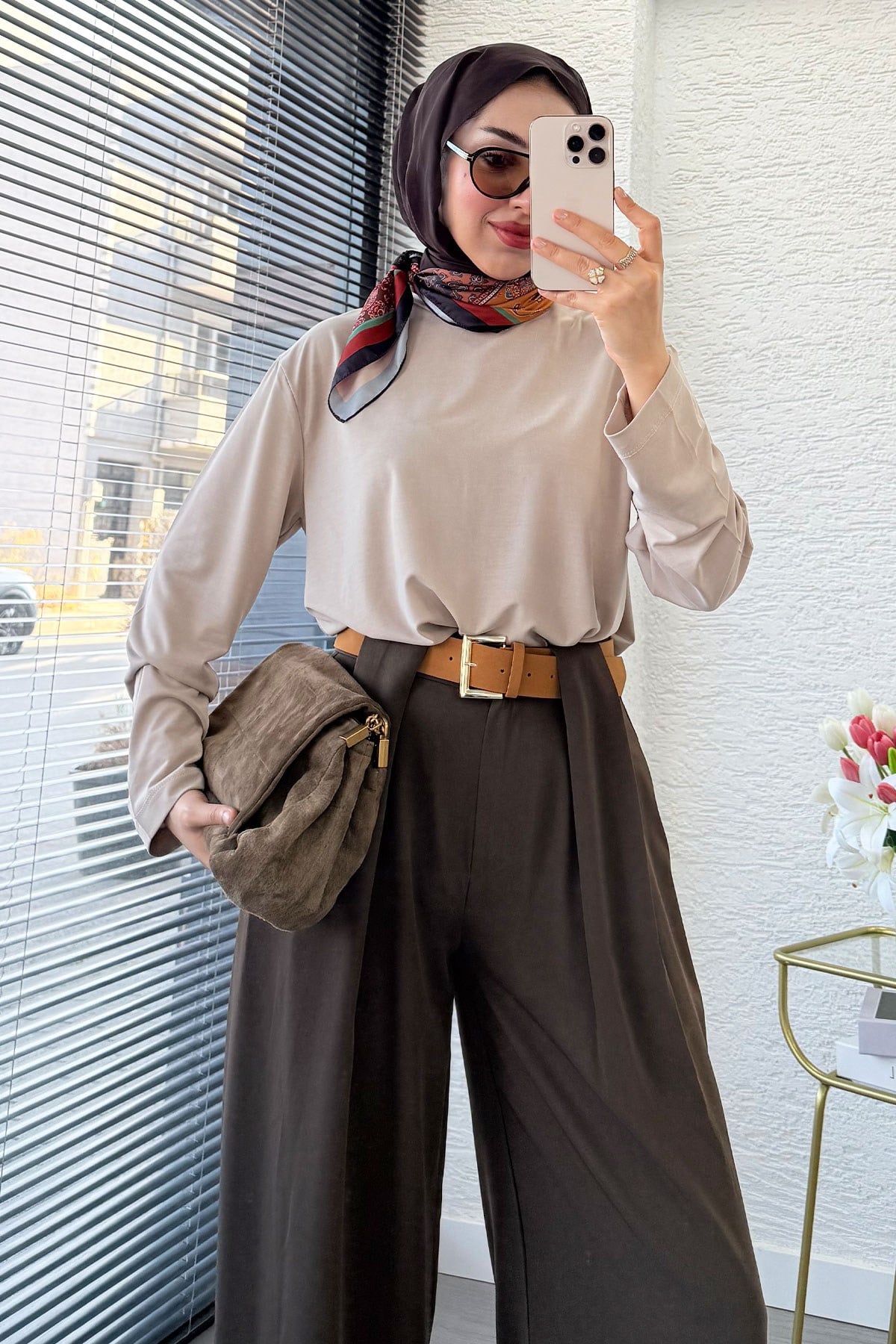 Premium Köprü Detaylı Kemerli Twill Palazzo Pantolon - Kahverengi