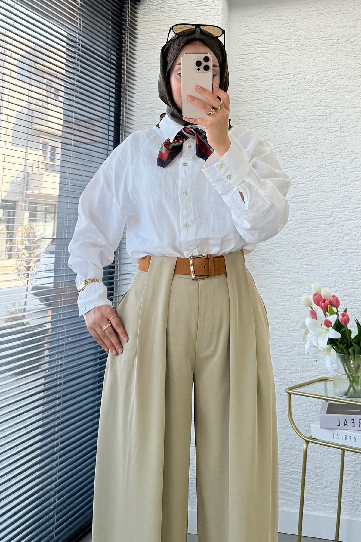 Premium Köprü Detaylı Kemerli Twill Palazzo Pantolon - Çağla