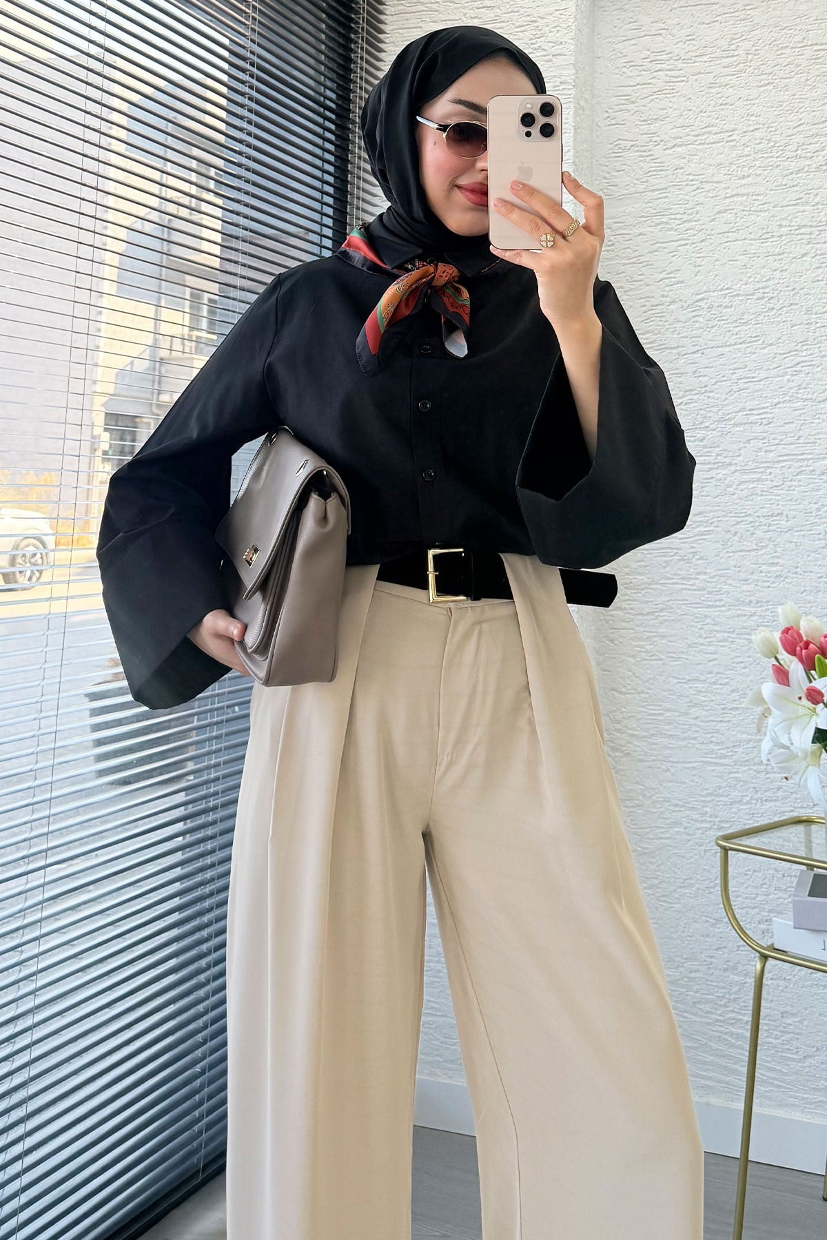 Premium Köprü Detaylı Kemerli Twill Palazzo Pantolon - Taş