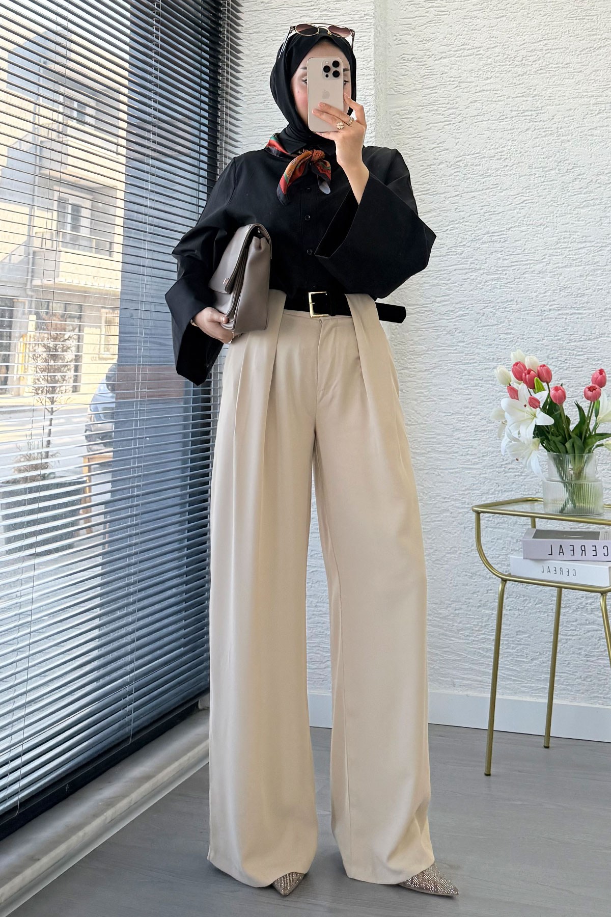 Premium Köprü Detaylı Kemerli Twill Palazzo Pantolon - Taş
