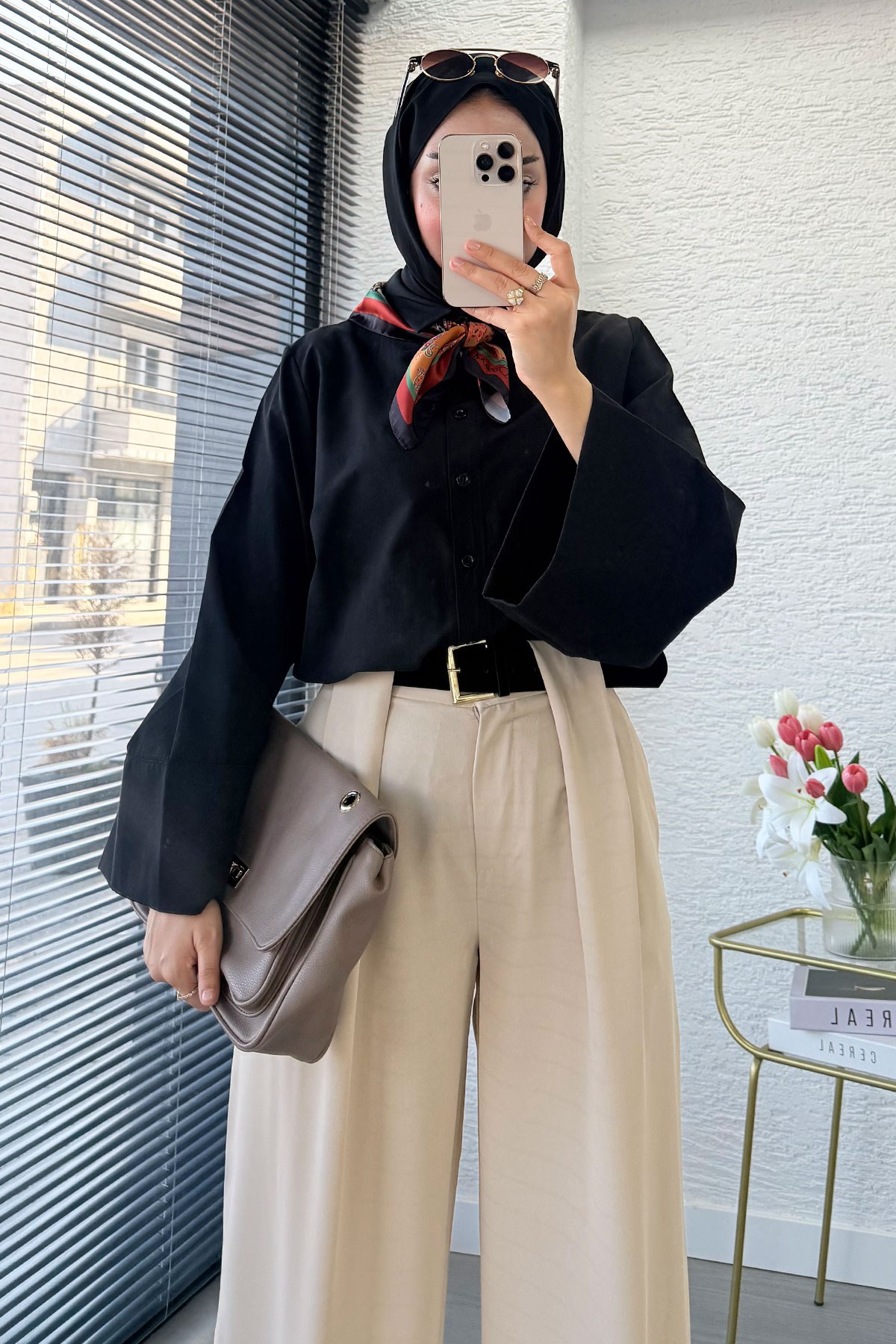 Premium Köprü Detaylı Kemerli Twill Palazzo Pantolon - Taş