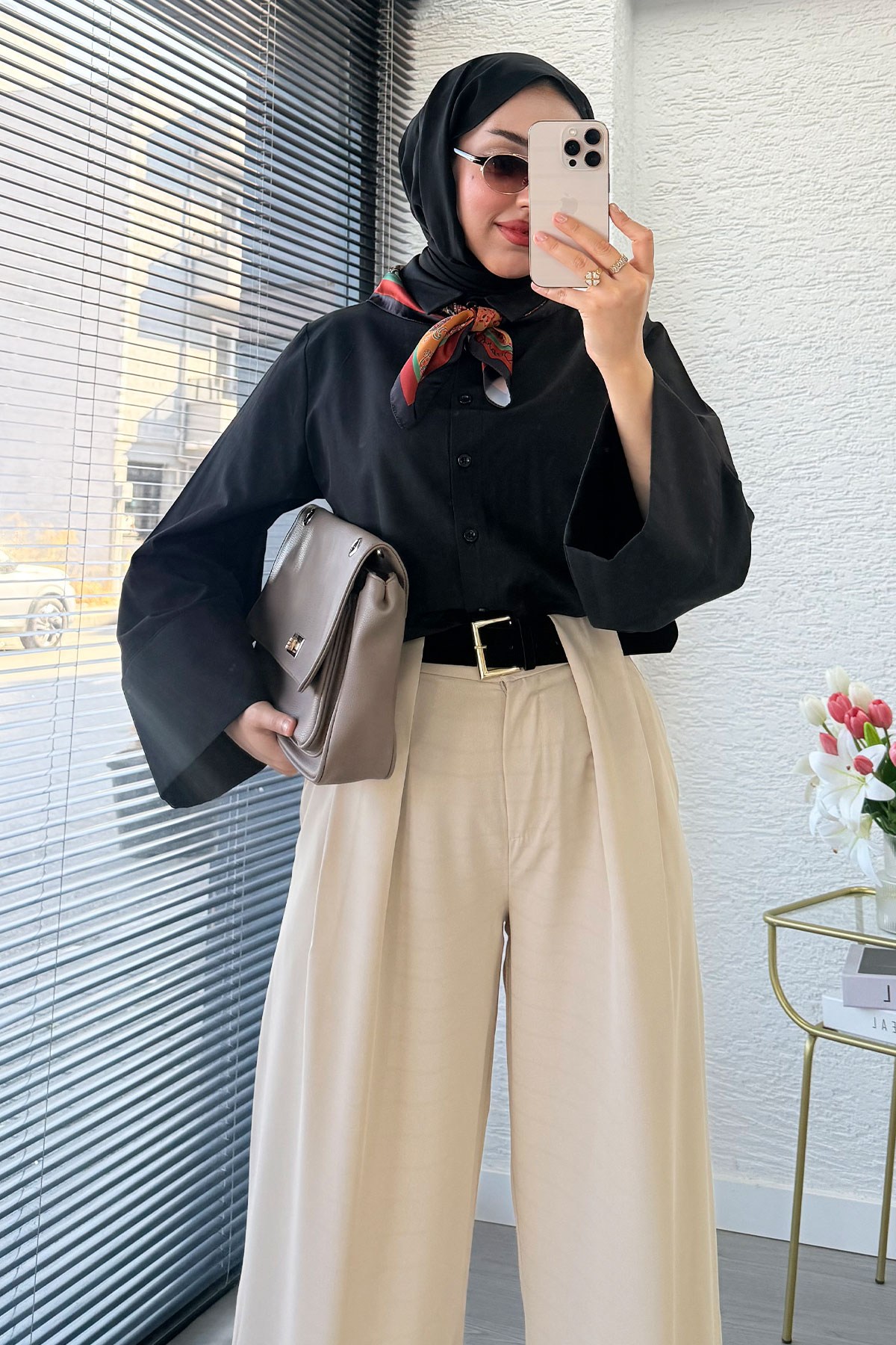 Premium Köprü Detaylı Kemerli Twill Palazzo Pantolon - Taş