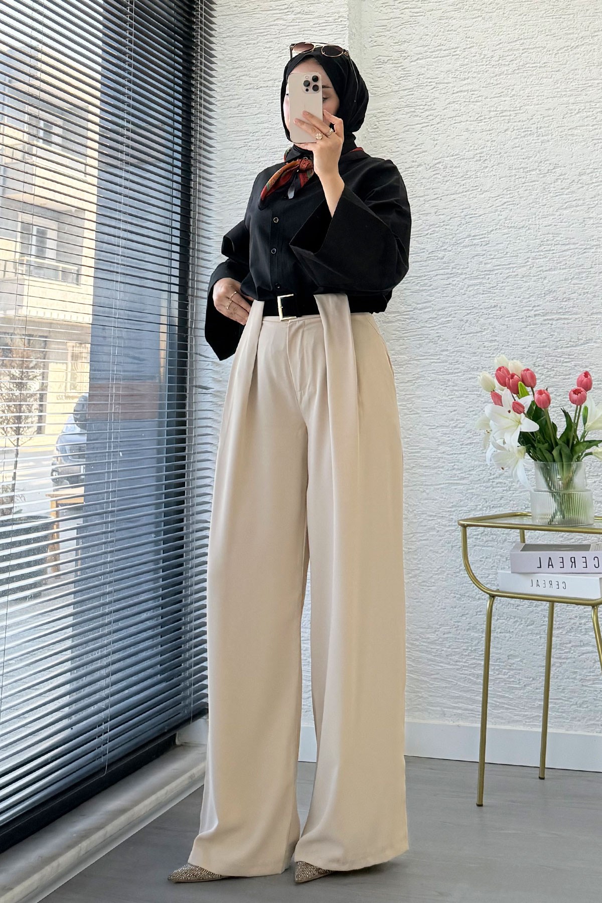 Premium Köprü Detaylı Kemerli Twill Palazzo Pantolon - Taş