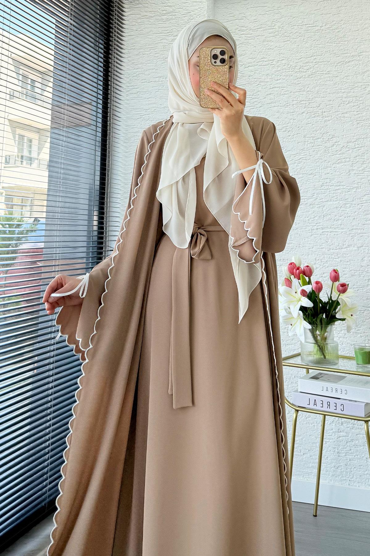 Premium Lazer Kesim Detaylı Aura İkili Abaya Takım — Vizon