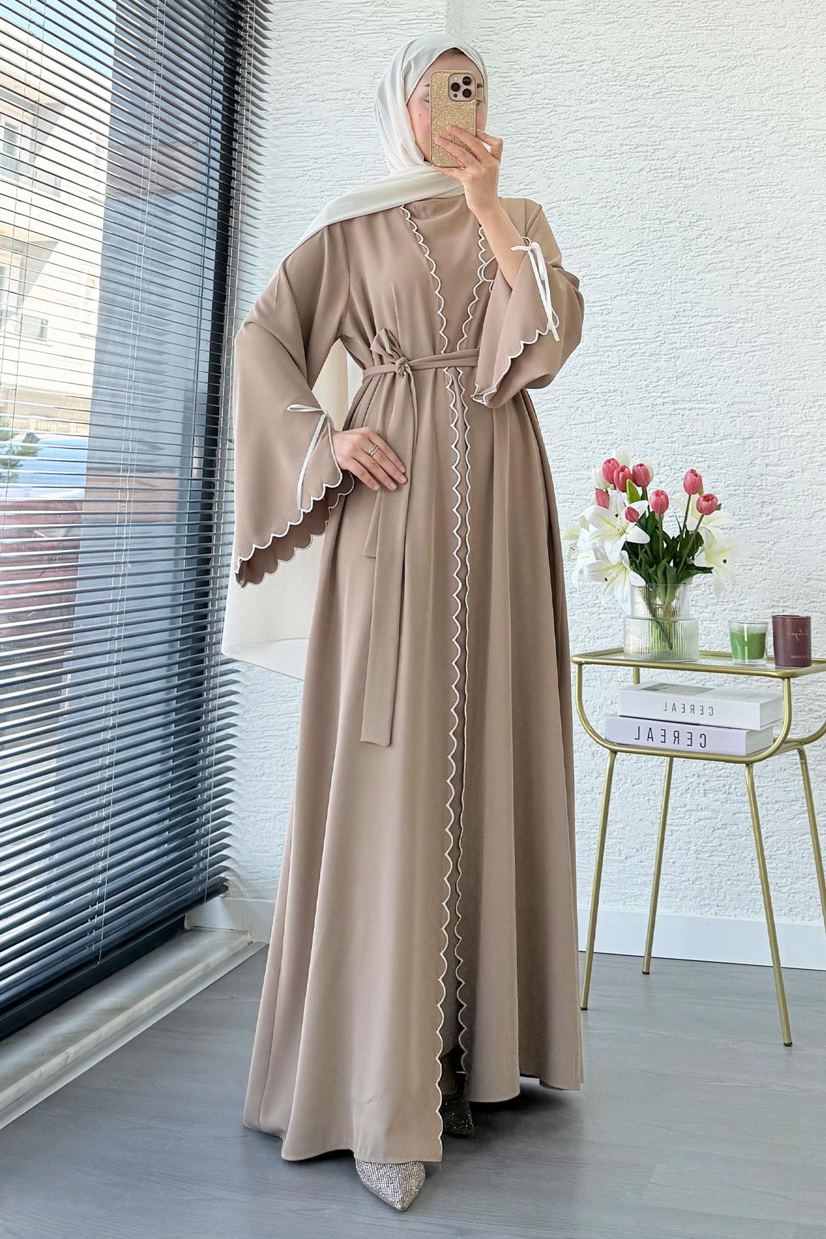 Premium Lazer Kesim Detaylı Aura İkili Abaya Takım — Vizon