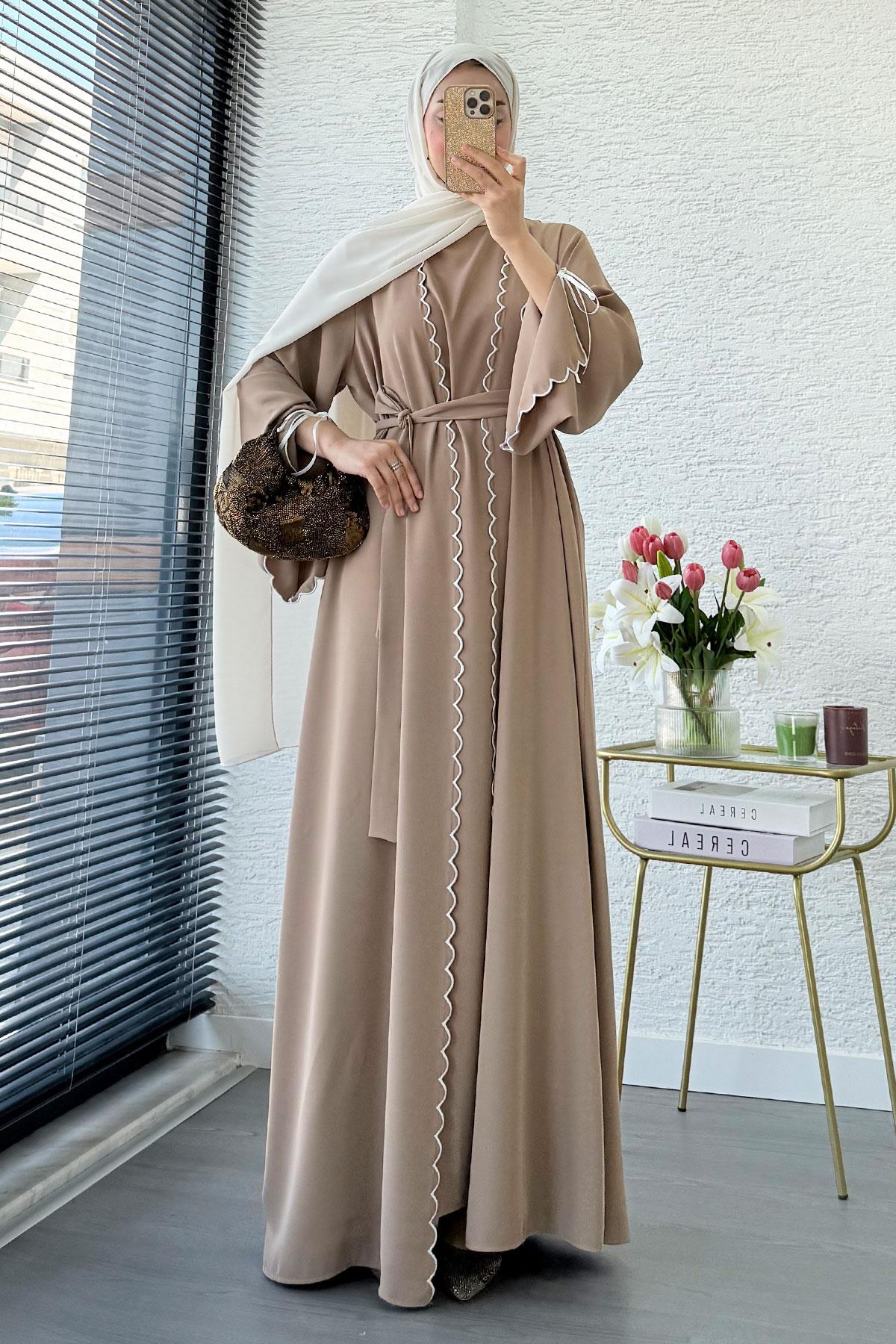 Premium Lazer Kesim Detaylı Aura İkili Abaya Takım — Vizon