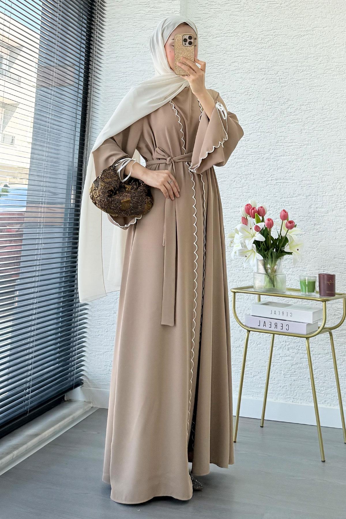 Premium Lazer Kesim Detaylı Aura İkili Abaya Takım — Vizon