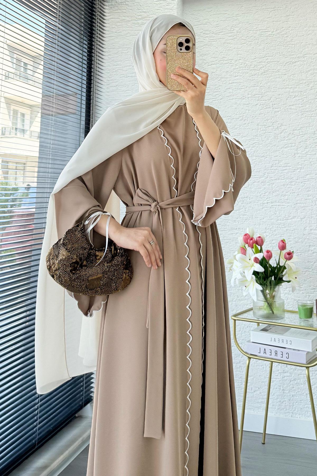 Premium Lazer Kesim Detaylı Aura İkili Abaya Takım — Vizon