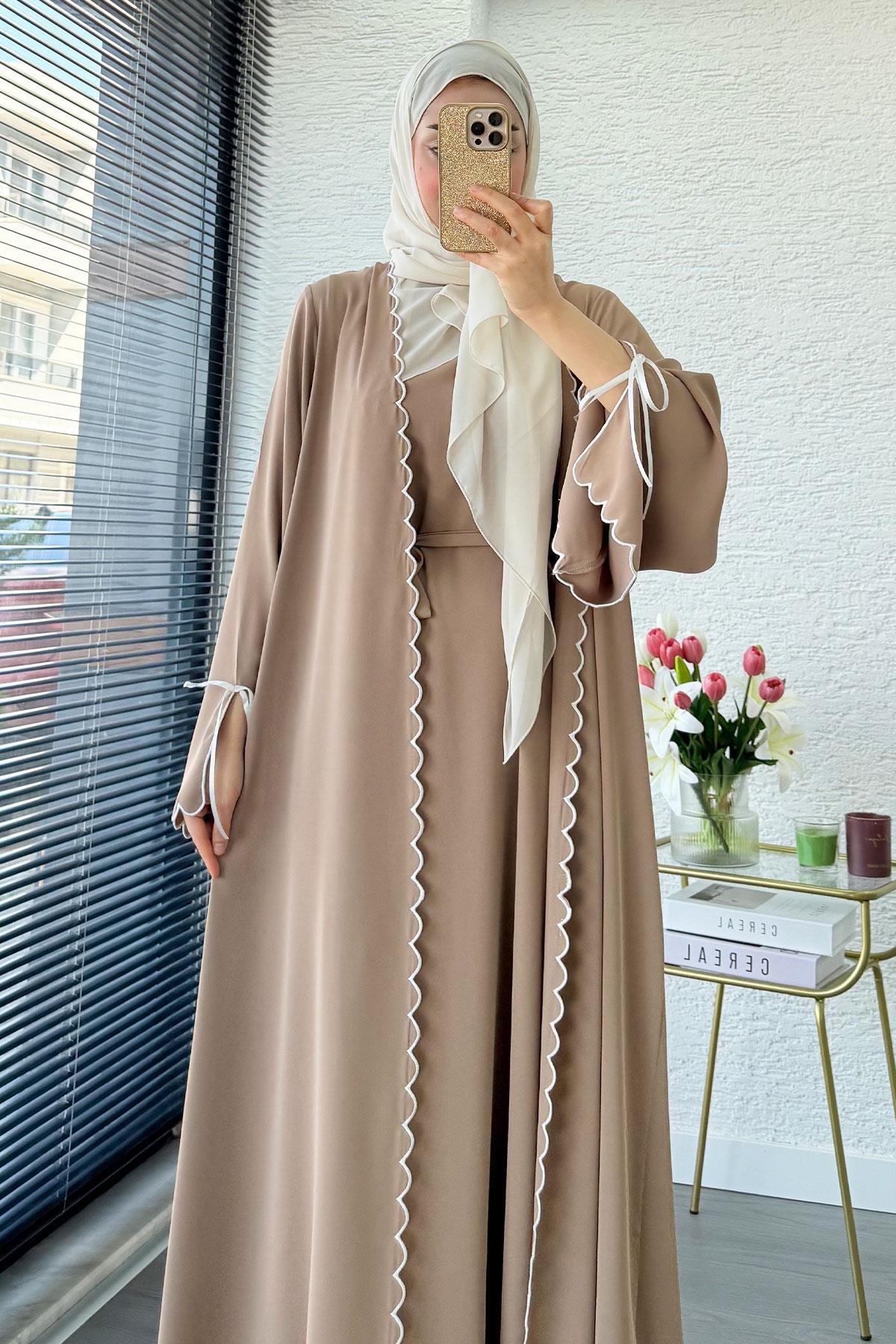 Premium Lazer Kesim Detaylı Aura İkili Abaya Takım — Vizon