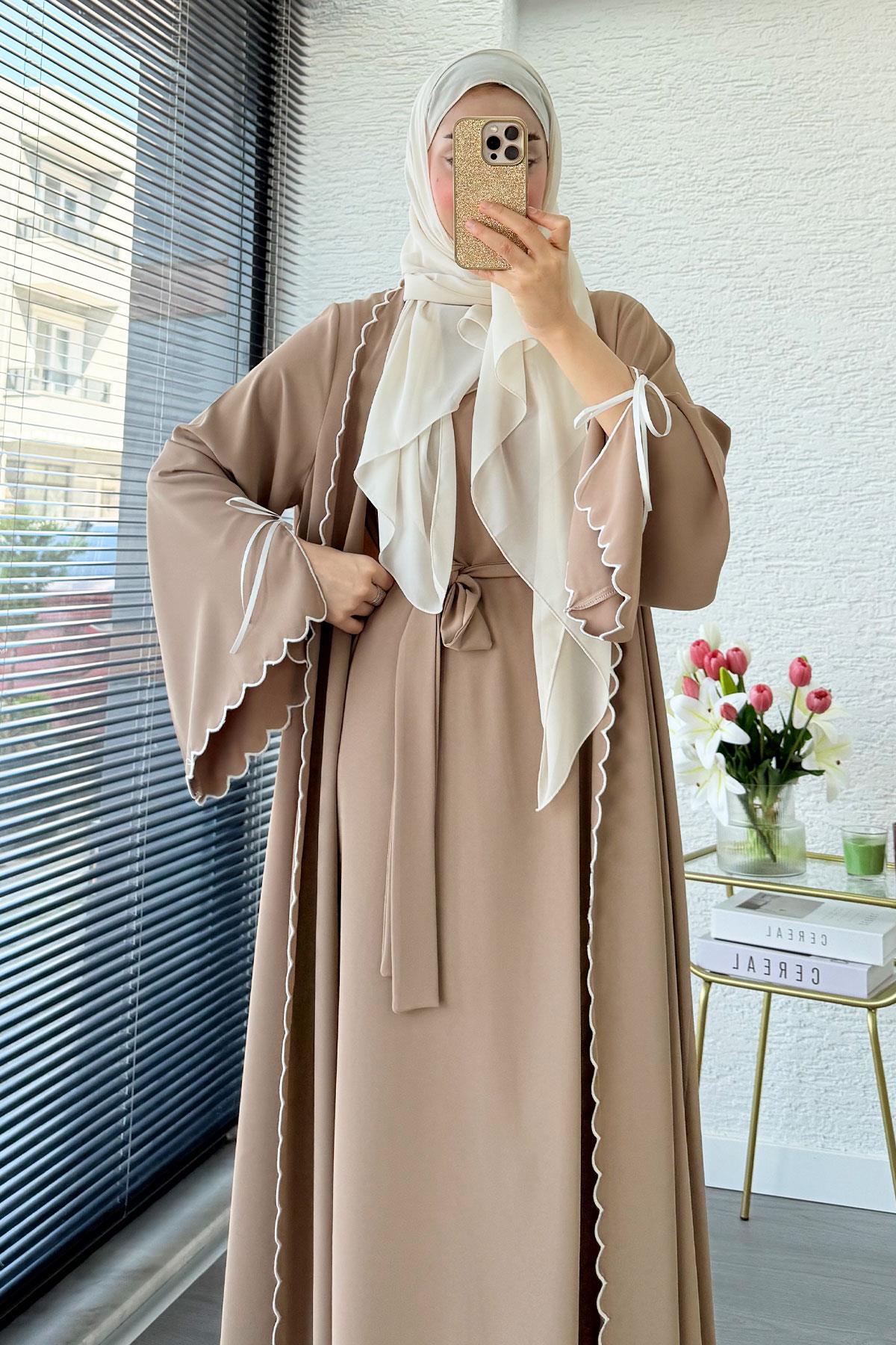 Premium Lazer Kesim Detaylı Aura İkili Abaya Takım — Vizon