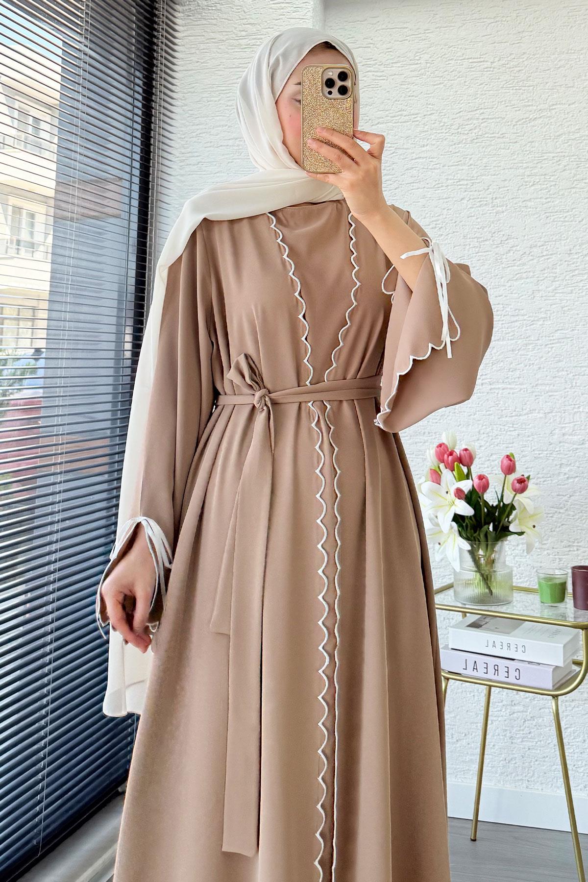Premium Lazer Kesim Detaylı Aura İkili Abaya Takım — Vizon