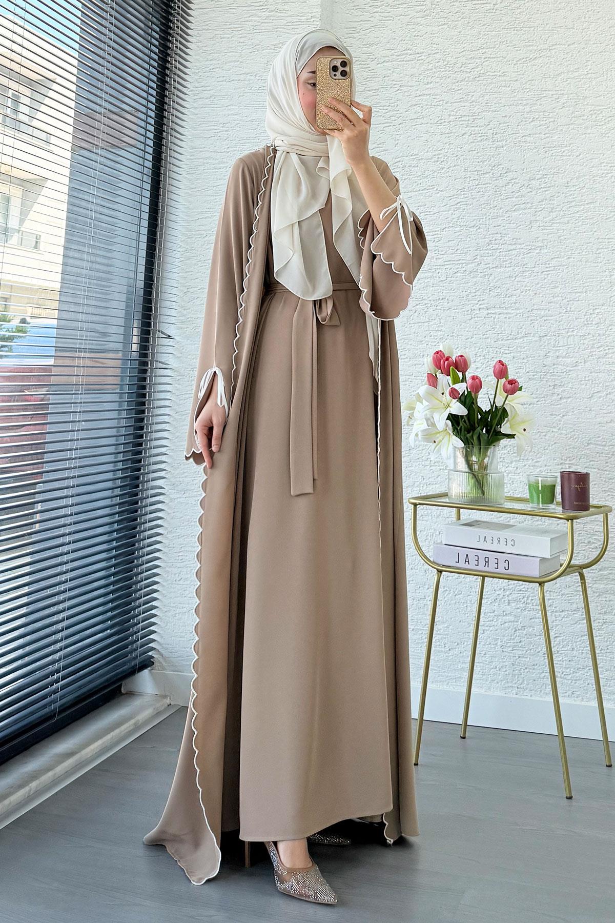 Premium Lazer Kesim Detaylı Aura İkili Abaya Takım — Vizon