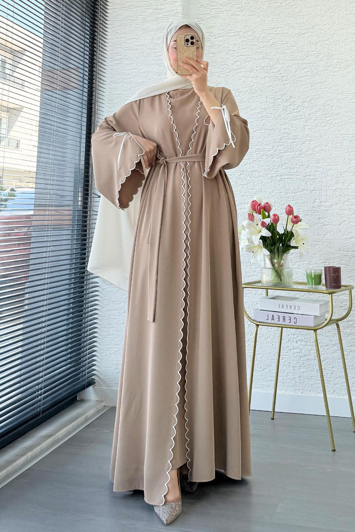 Premium Lazer Kesim Detaylı Aura İkili Abaya Takım — Vizon
