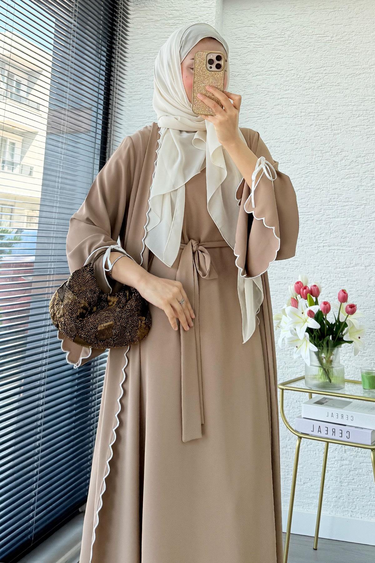 Premium Lazer Kesim Detaylı Aura İkili Abaya Takım — Vizon