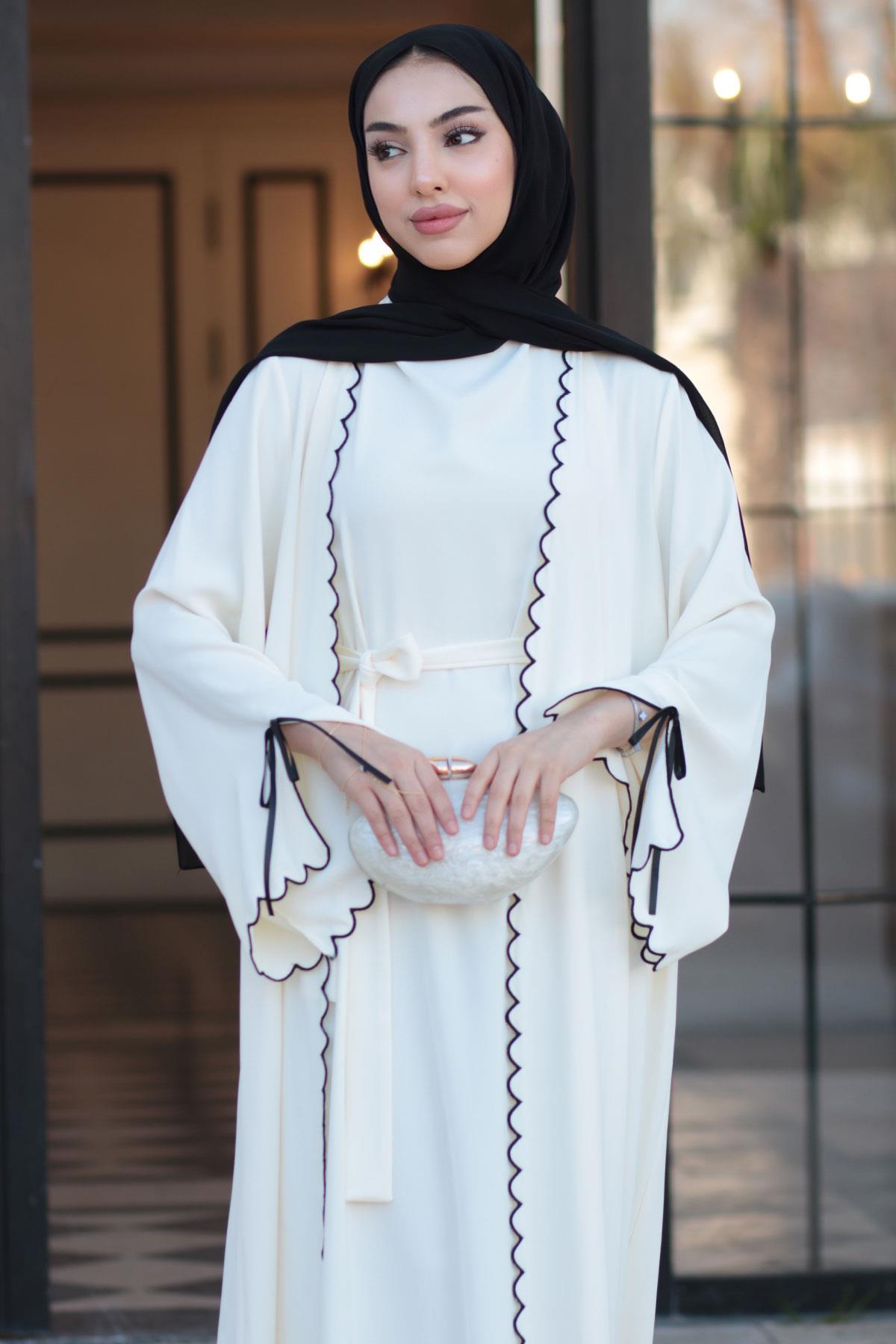 Premium Lazer Kesim Detaylı Aura İkili Abaya Takım — Beyaz