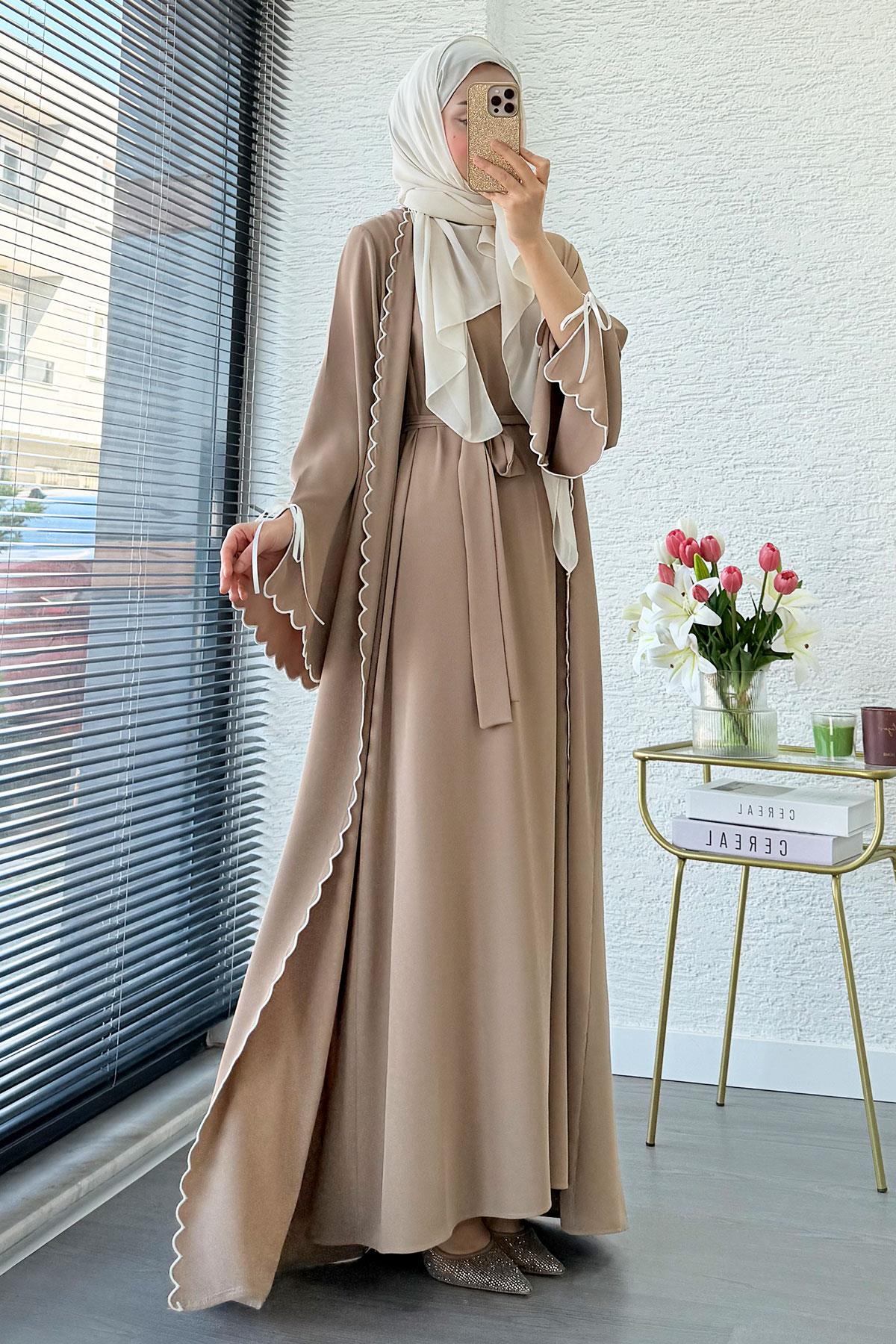 Premium Lazer Kesim Detaylı Aura İkili Abaya Takım — Vizon