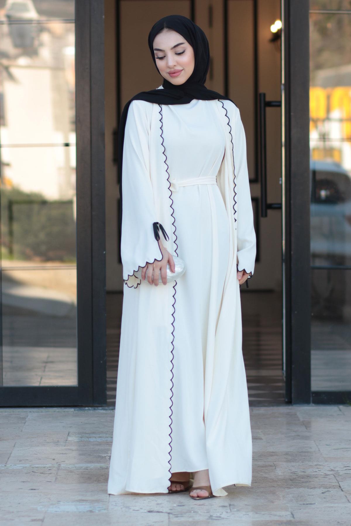 Premium Lazer Kesim Detaylı Aura İkili Abaya Takım — Beyaz