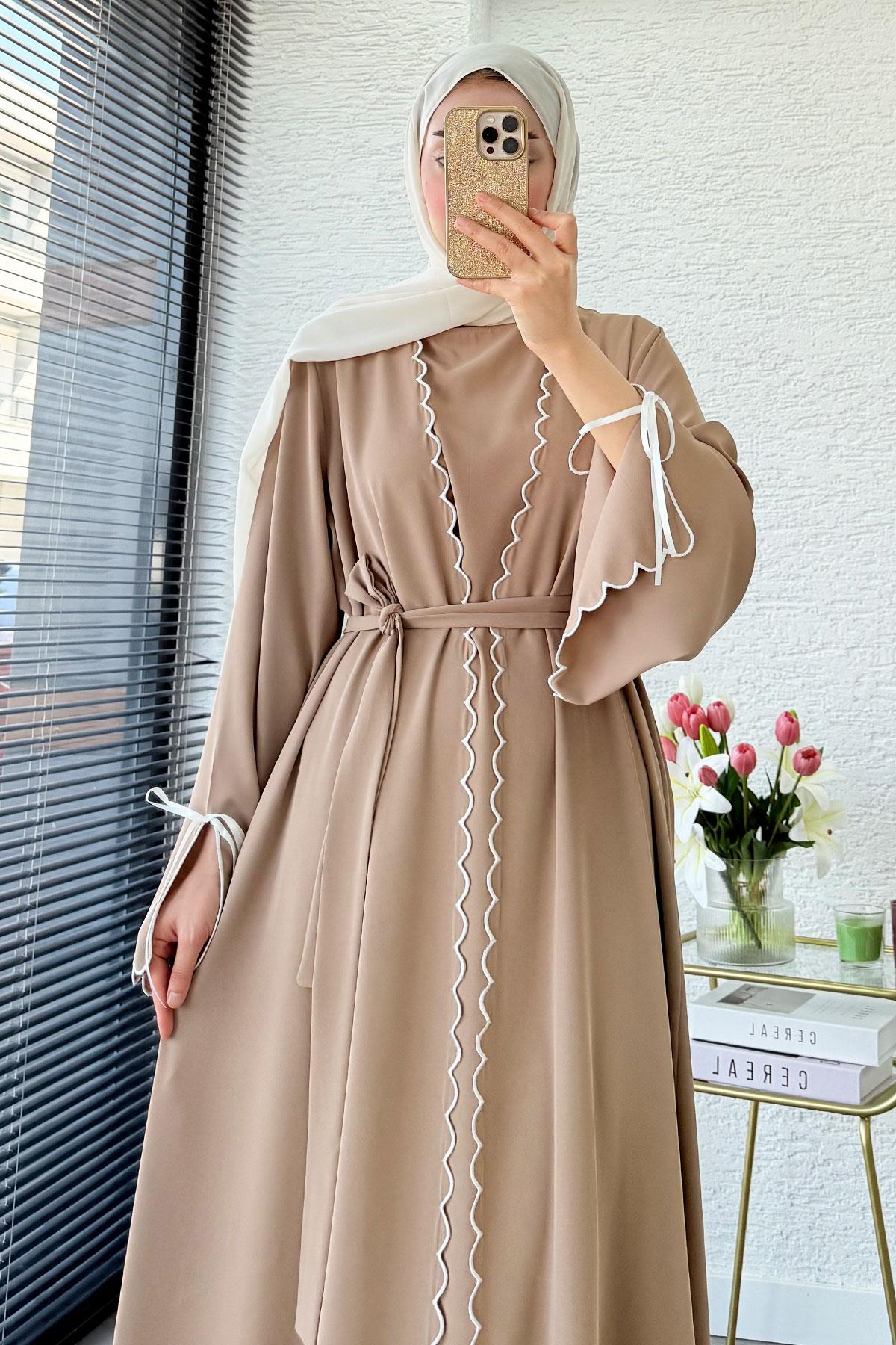 Premium Lazer Kesim Detaylı Aura İkili Abaya Takım — Vizon